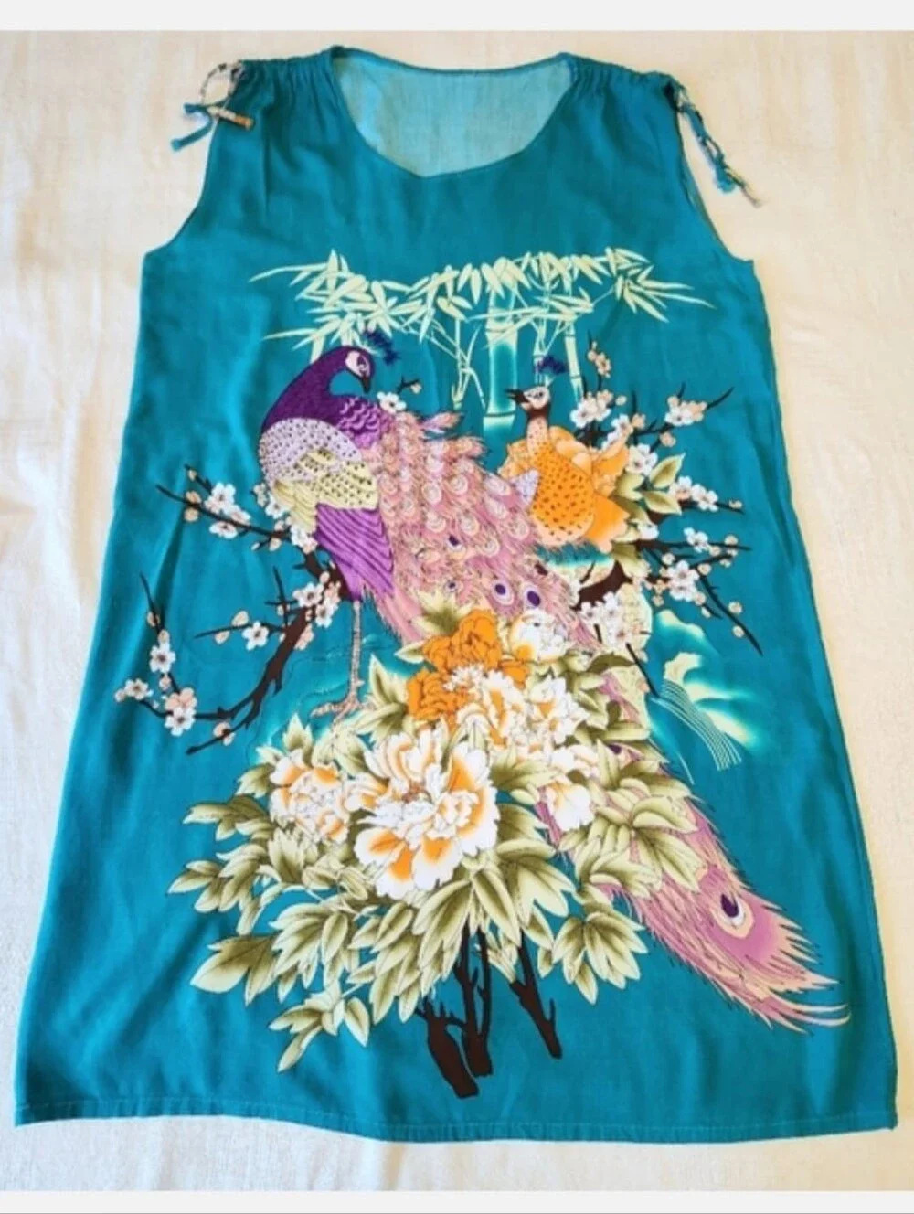 Teal Peacock Print Tunic Midi Dress🦚95% Cotton - Picture 8 of 8